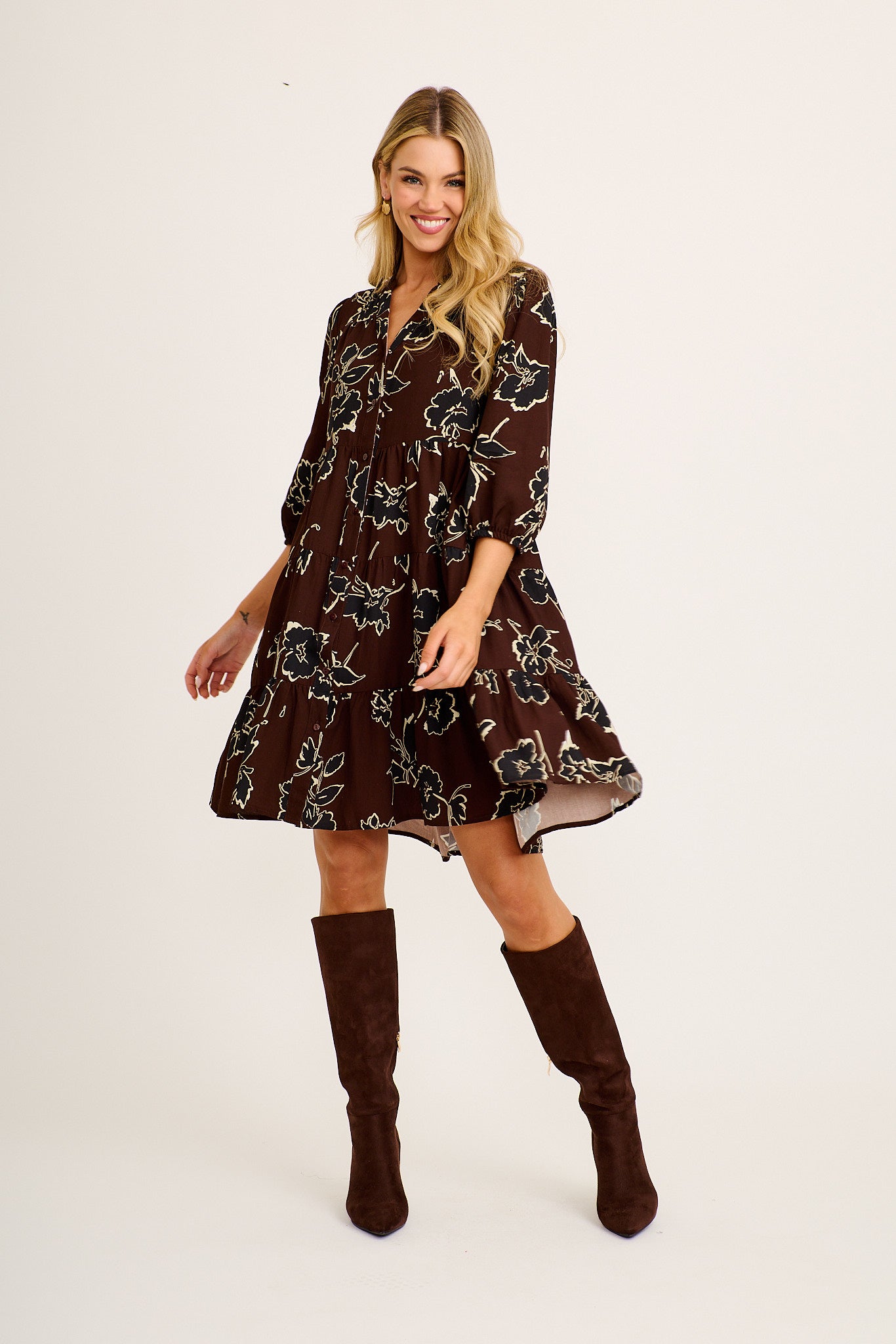Embrace Smock Dress in Brown with Black Floral Linen Blend