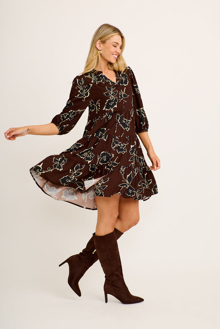 Embrace Smock Dress in Brown with Black Floral Linen Blend side