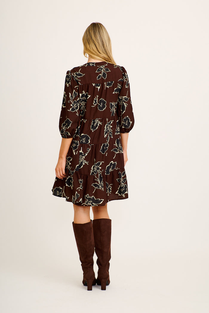 Embrace Smock Dress in Brown with Black Floral Linen Blend back