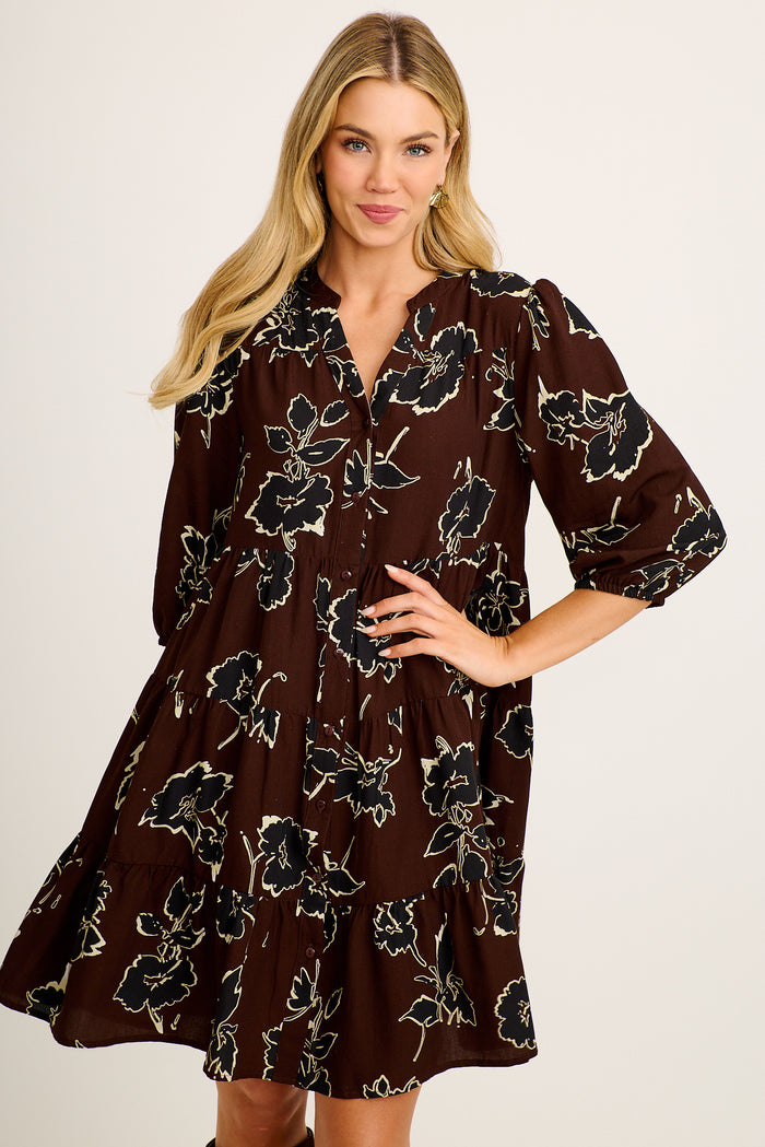 Embrace Smock Dress in Brown with Black Floral Linen Blend front