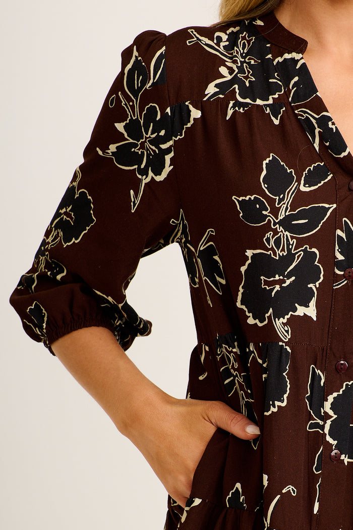 Embrace Smock Dress in Brown with Black Floral Linen Blend detail