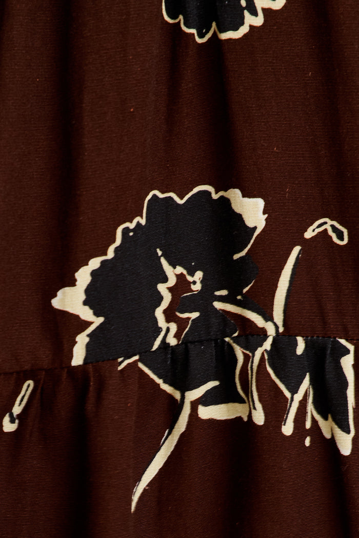 Embrace Smock Dress in Brown with Black Floral Linen Blend fabric