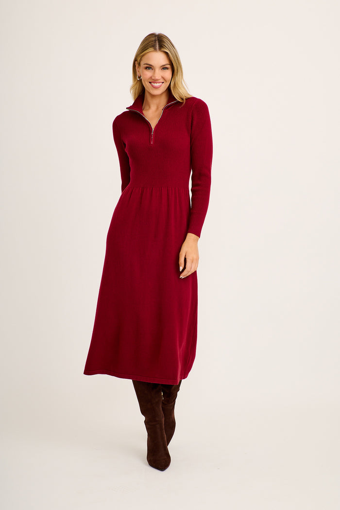 Contour Knit Zip Midi Dress in Wine full length