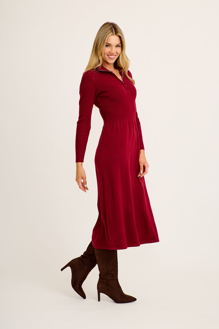 Contour Knit Zip Midi Dress in Wine side