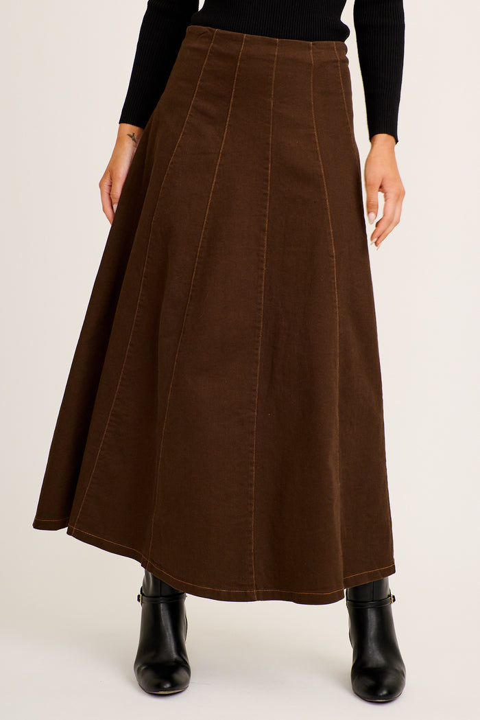 Destiny Maxi Skirt in Chocolate Denim front