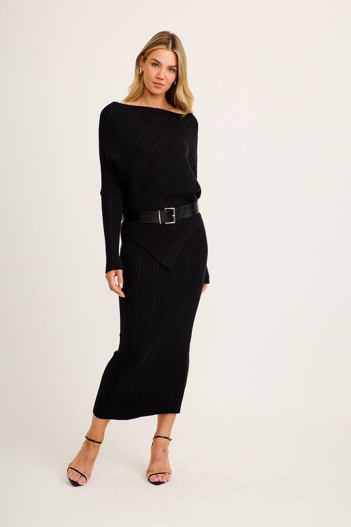 Astra Knit Top in Black with Belt full length