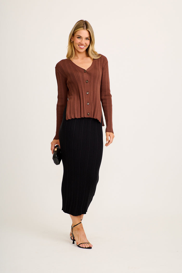 Avenue Knit Cardigan in Chocolate full length