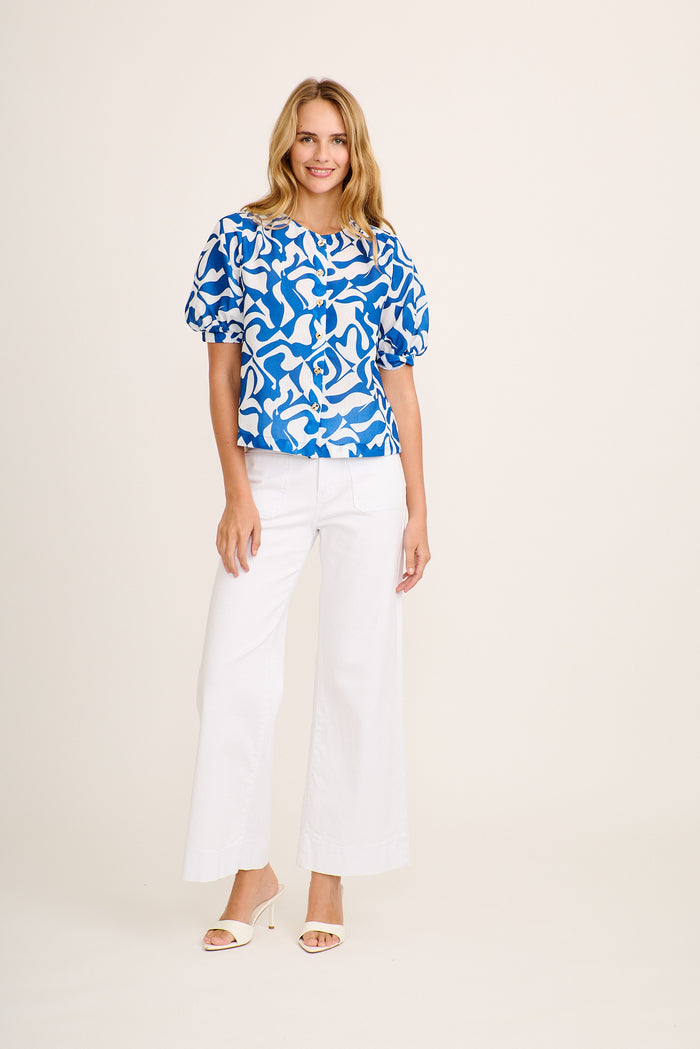 Sophisticated Top in Navy Geometric Print Linen Blend full length