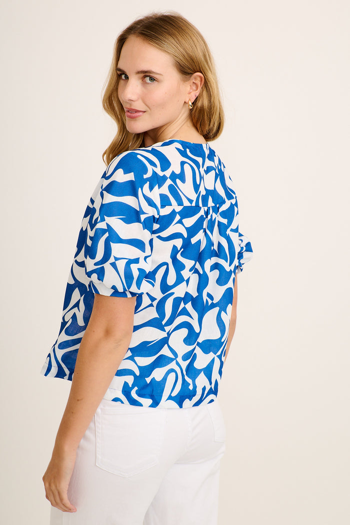 Sophisticated Top in Navy Geometric Print Linen Blend back
