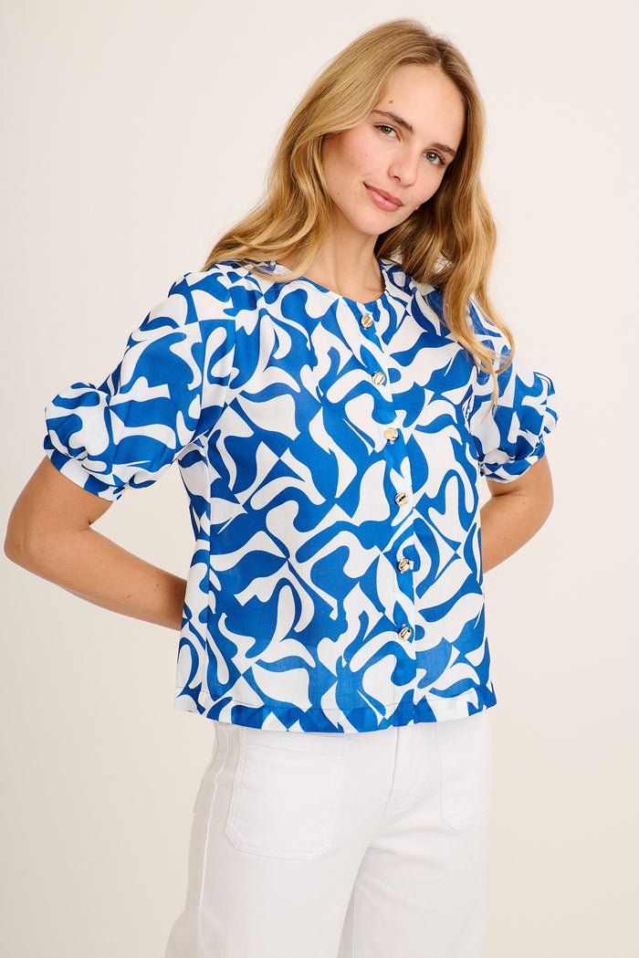 Sophisticated Top in Navy Geometric Print Linen Blend