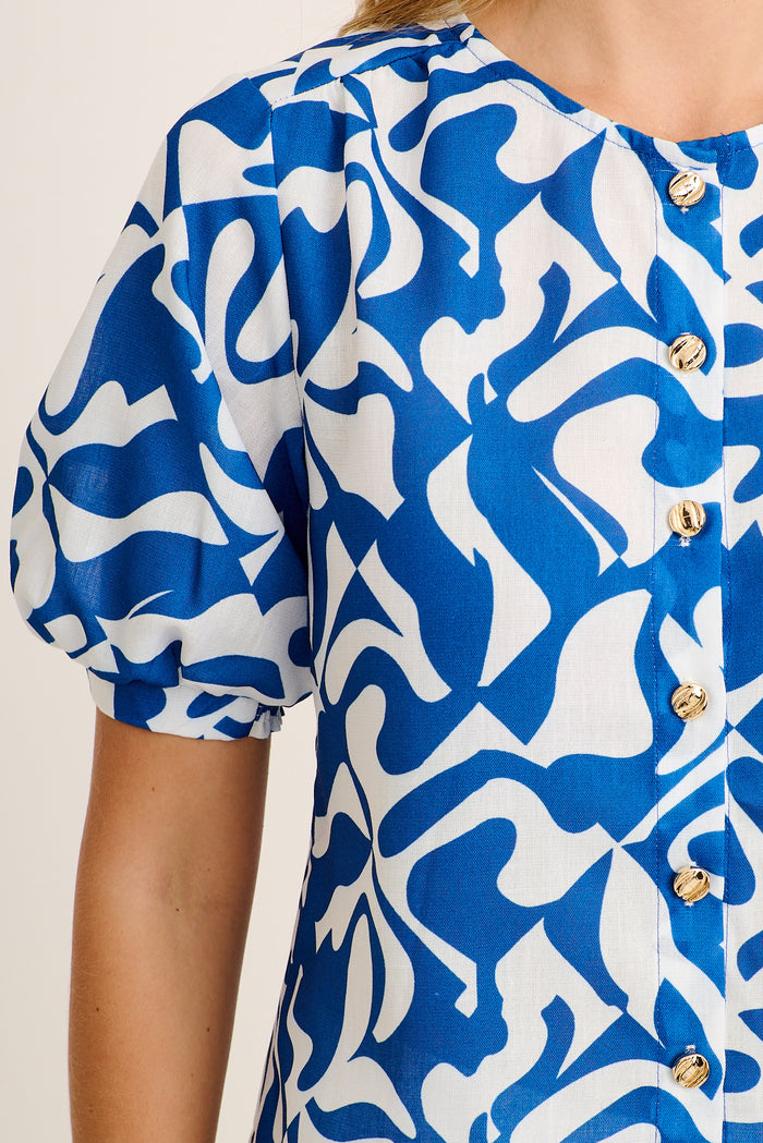 Sophisticated Top in Navy Geometric Print Linen Blend detail