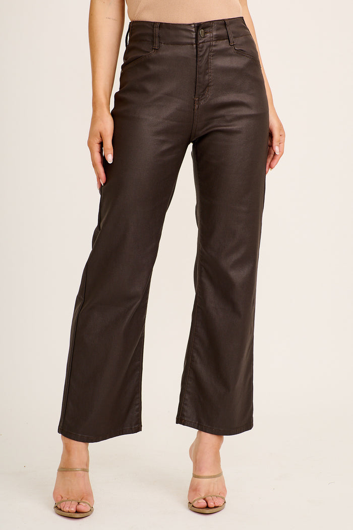 Natalie High Rise Straight Leg Pant in Chocolate Wet Look front