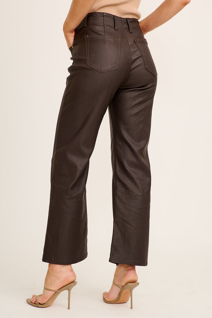 Natalie High Rise Straight Leg Pant in Chocolate Wet Look back