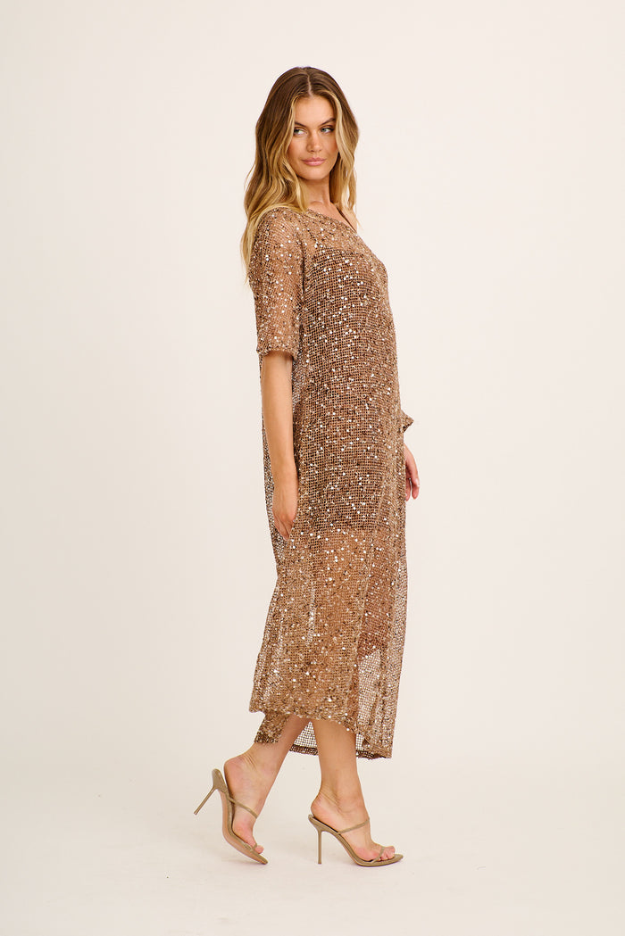 Flaunt Off Shoulder Maxi Dress in Chocolate Sequin side