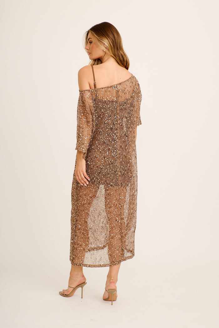 Flaunt Off Shoulder Maxi Dress in Chocolate Sequin back