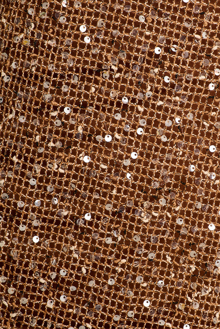Flaunt Off Shoulder Maxi Dress in Chocolate Sequin fabric
