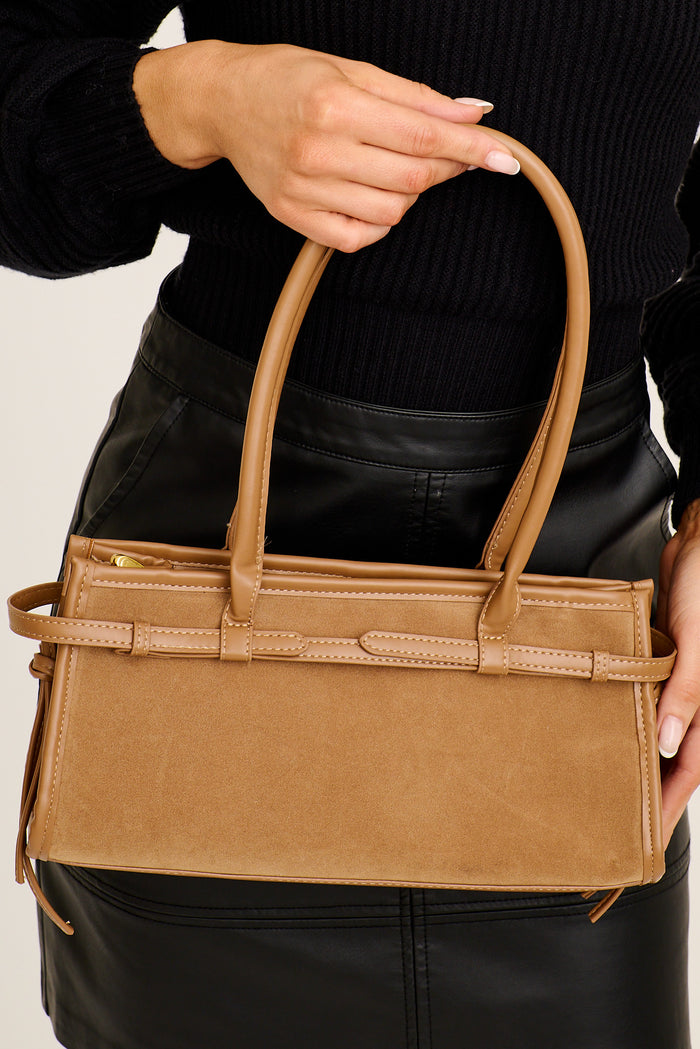 Dante Shoulder Bag in Tan Suedette on model front