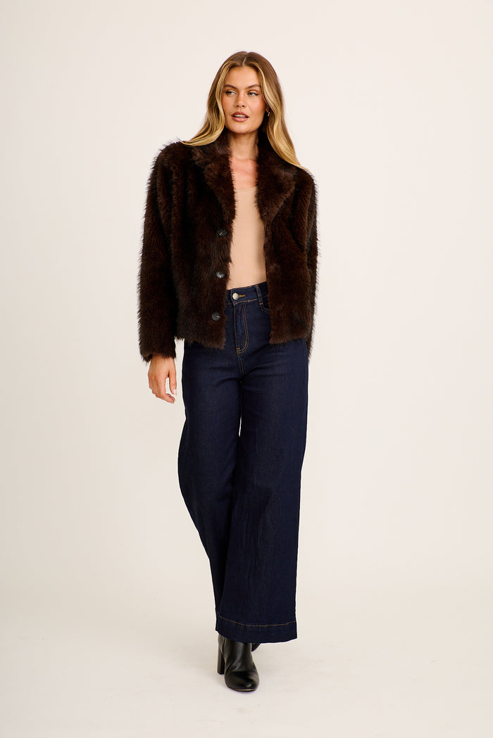 Cocoa Luxe Reversible Faux Fur Jacket in Chocolate full length
