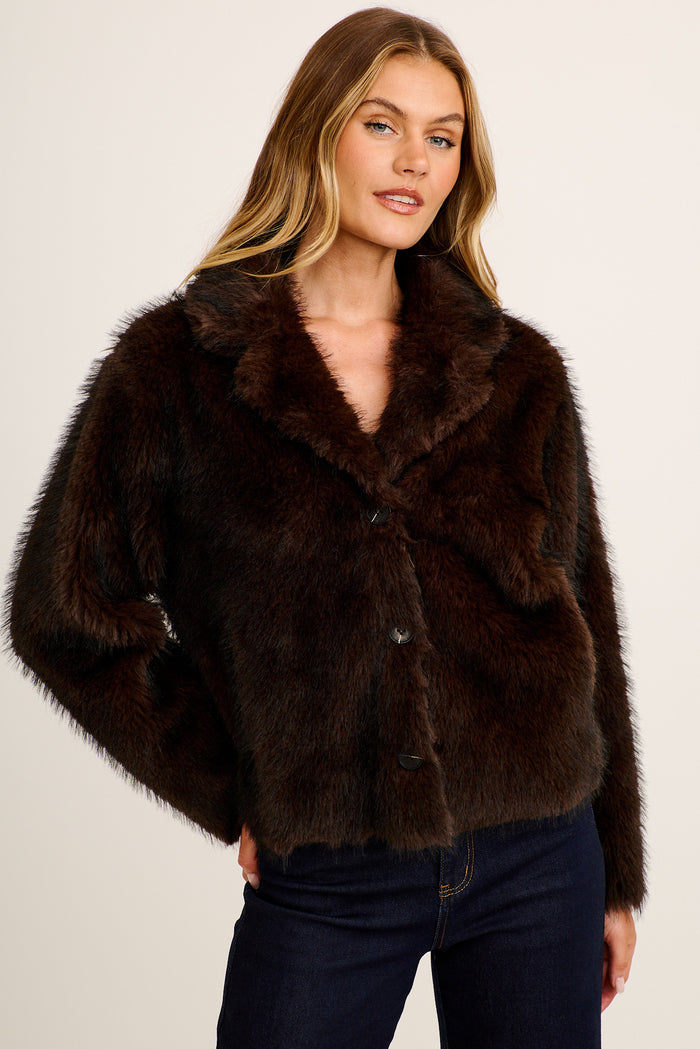 Cocoa Luxe Reversible Faux Fur Jacket in Chocolate front