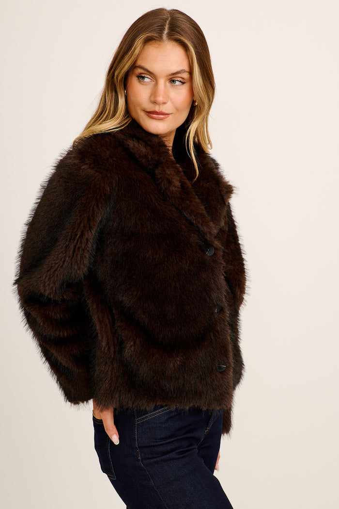 Cocoa Luxe Reversible Faux Fur Jacket in Chocolate side