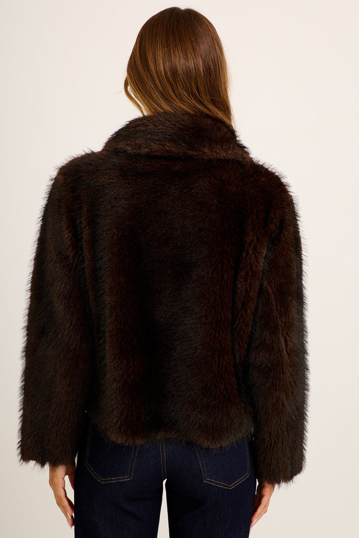 Cocoa Luxe Reversible Faux Fur Jacket in Chocolate back