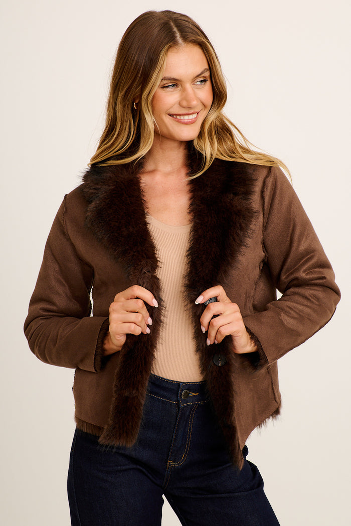 Cocoa Luxe Reversible Faux Fur Jacket in Chocolate front reverse