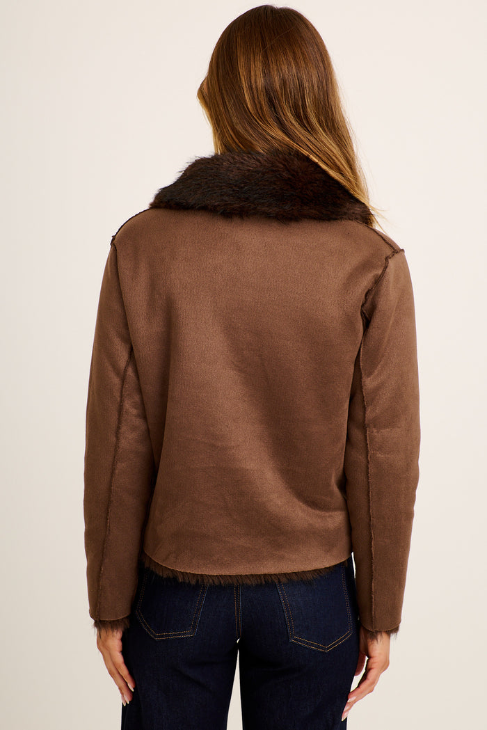 Cocoa Luxe Reversible Faux Fur Jacket in Chocolate back reverse