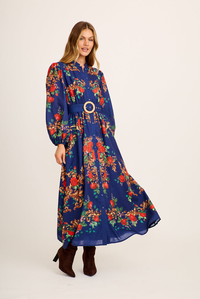 Basilica Maxi Dress in Navy with Red Floral Linen Blend full length