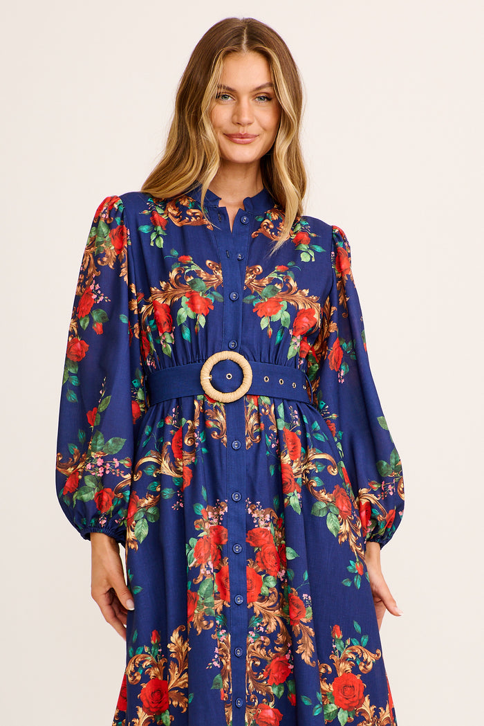 Basilica Maxi Dress Navy Red Floral Linen Blend | St Frock Basilica Maxi Dress Navy Red Floral Linen Blend | St Frock
