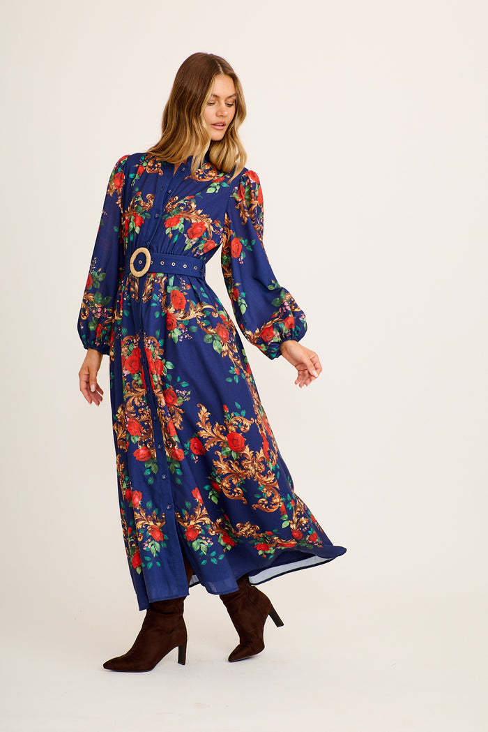 Basilica Maxi Dress in Navy with Red Floral Linen Blend side