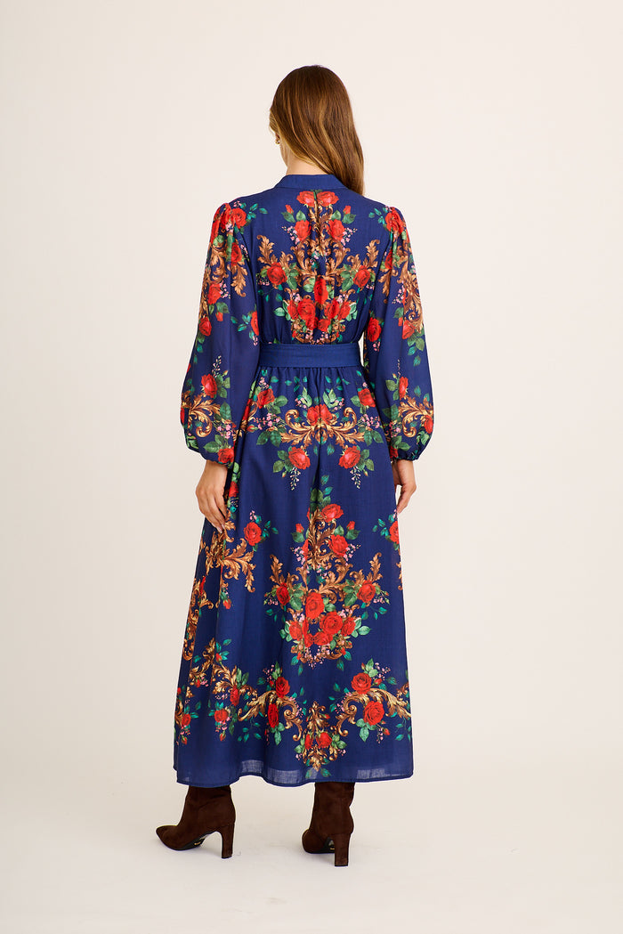 Basilica Maxi Dress in Navy with Red Floral Linen Blend back