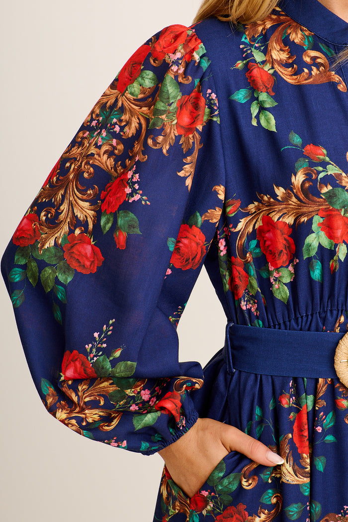 Basilica Maxi Dress in Navy with Red Floral Linen Blend detail