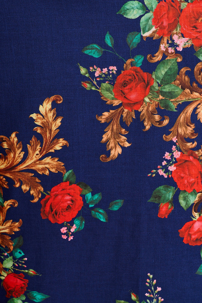 Basilica Maxi Dress in Navy with Red Floral Linen Blend fabric