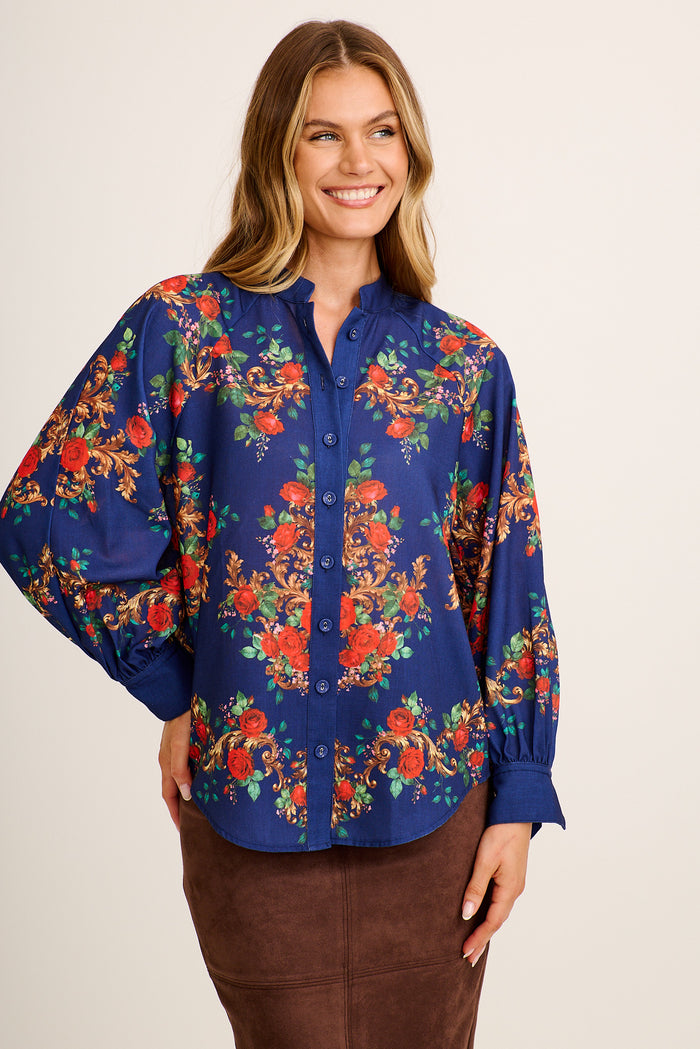 Bridget Top in Navy with Red Floral Linen Blend front