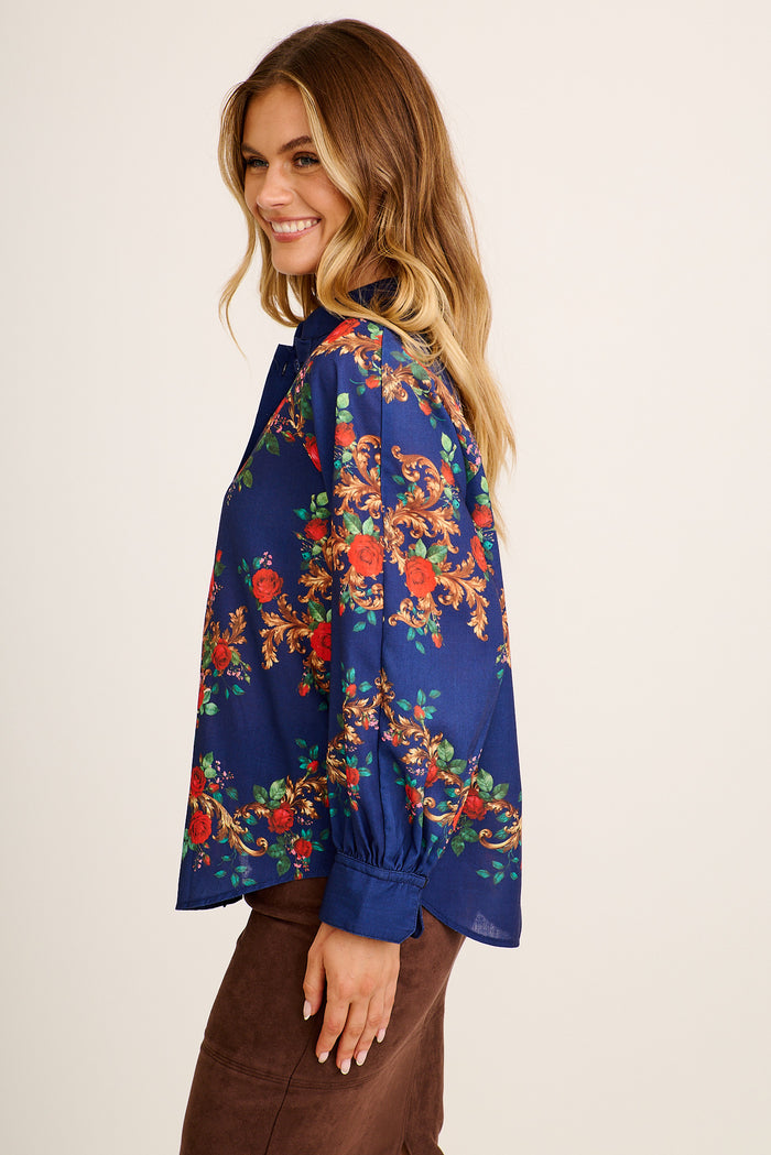 Bridget Top in Navy with Red Floral Linen Blend side