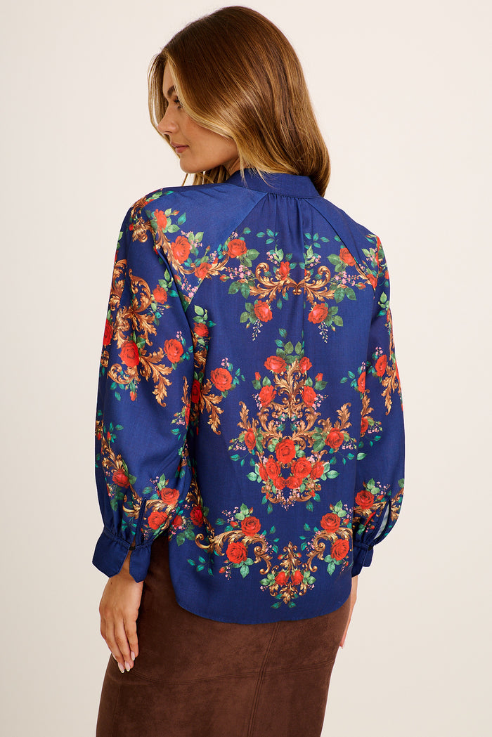Bridget Top in Navy with Red Floral Linen Blend back