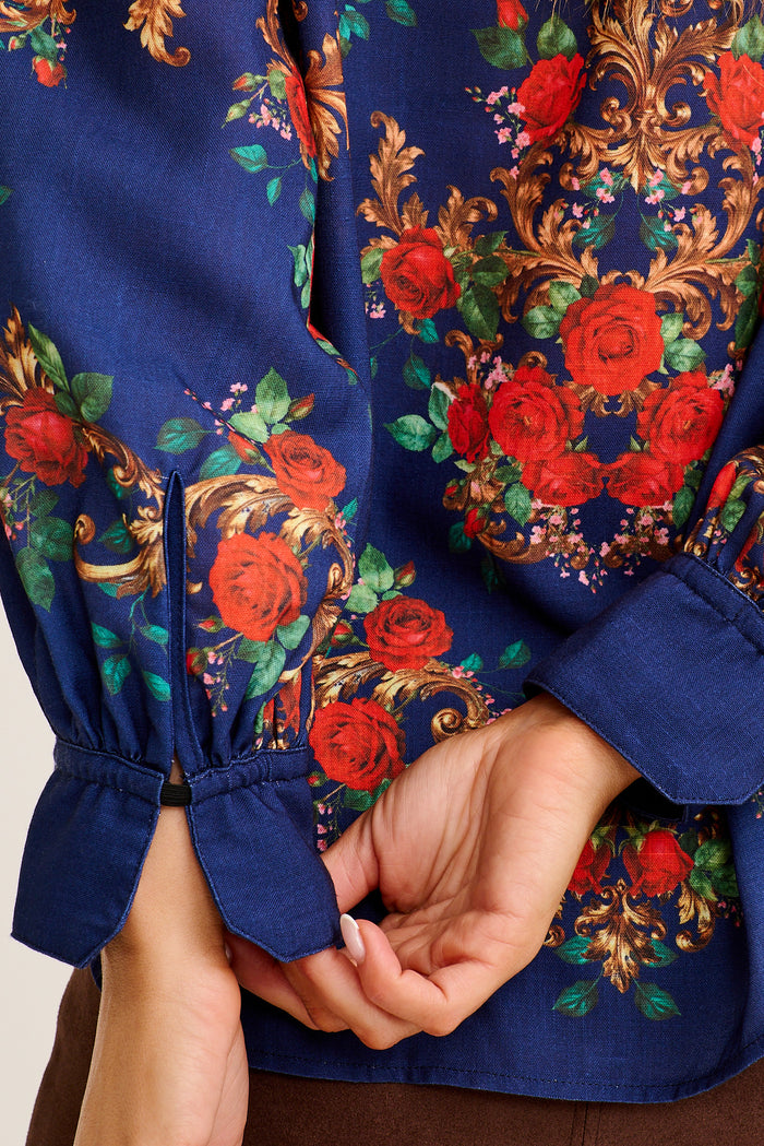 Bridget Top in Navy with Red Floral Linen Blend detail
