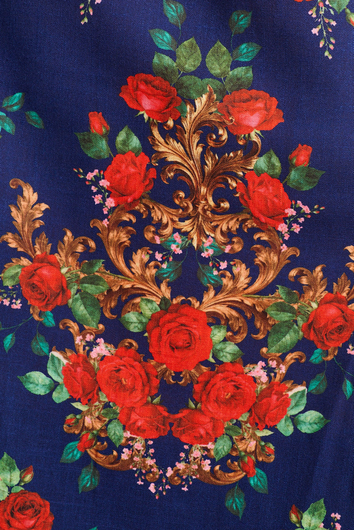 Bridget Top in Navy with Red Floral Linen Blend fabric