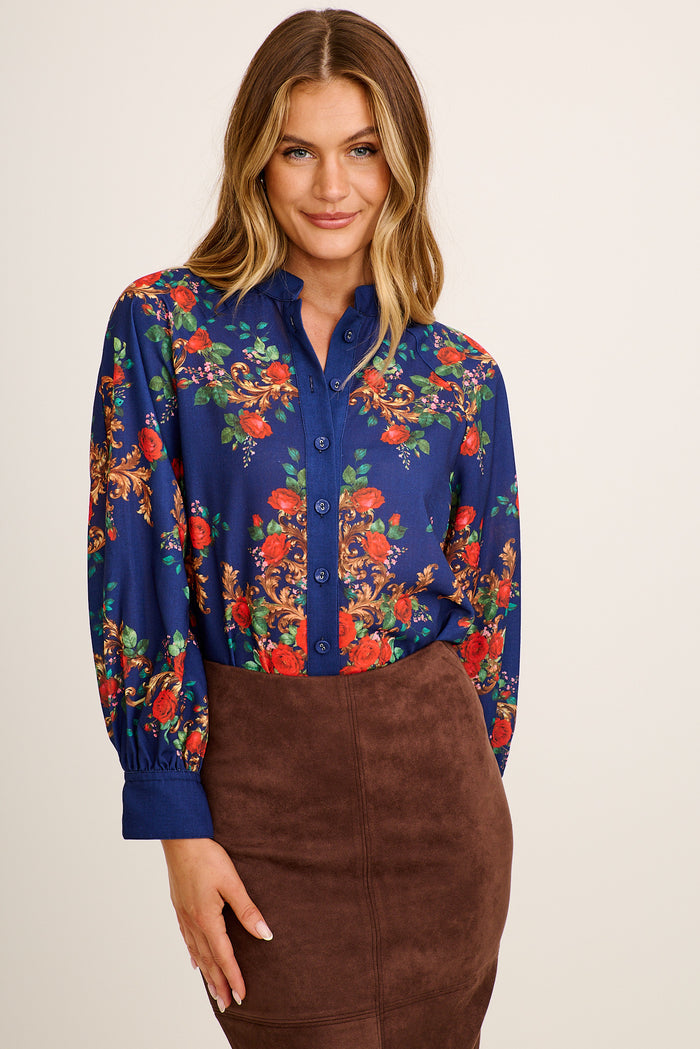 Bridget Top in Navy with Red Floral Linen Blend front