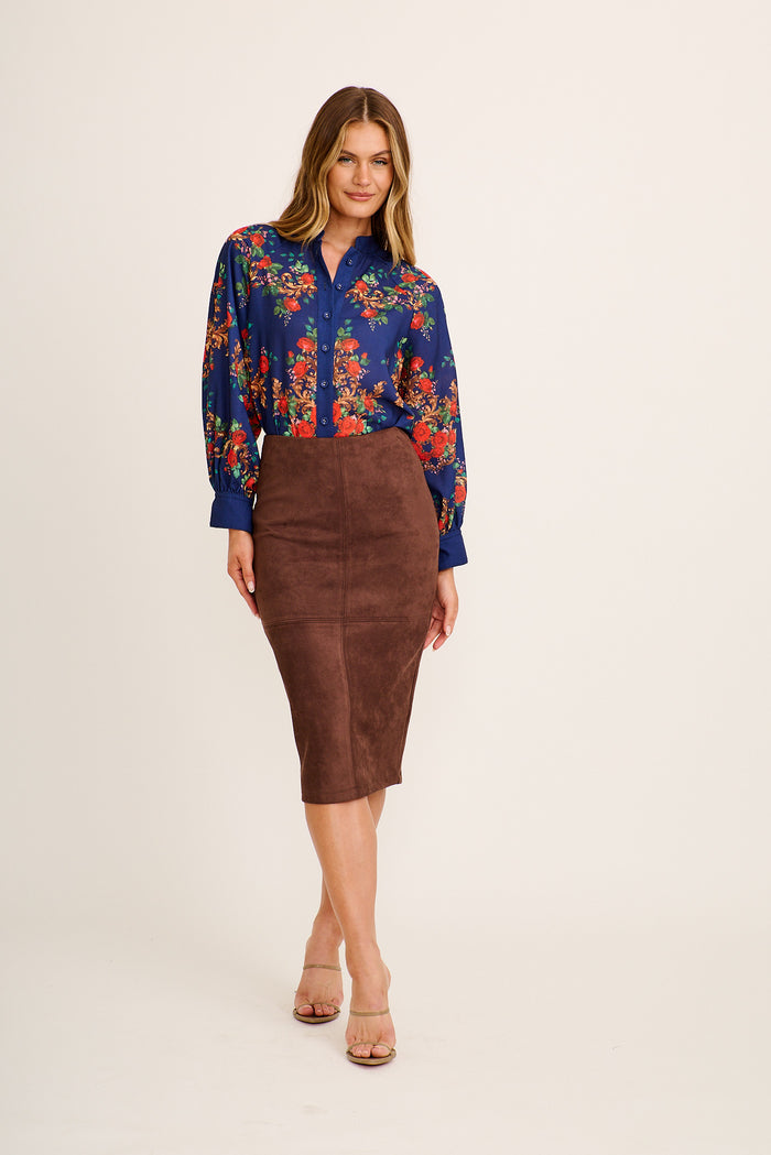Bridget Top in Navy with Red Floral Linen Blend full length