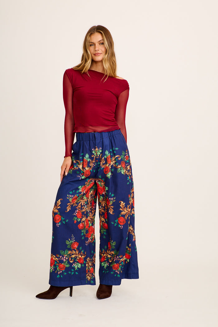 Dame Pant in Navy with Red Floral Linen Blend full length