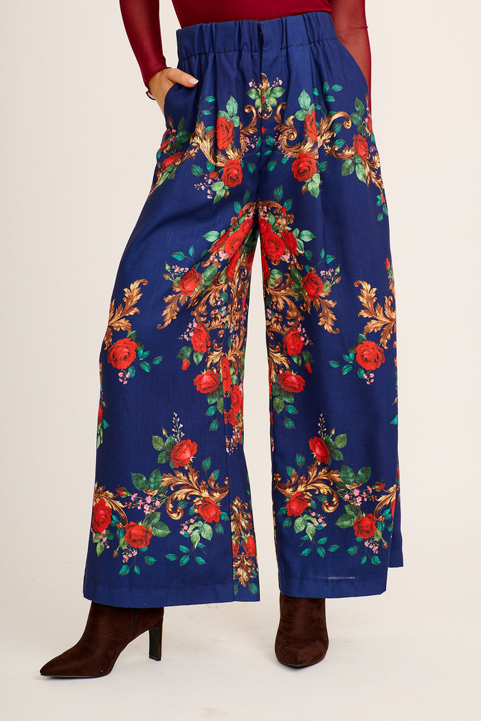 Dame Pant in Navy with Red Floral Linen Blend front
