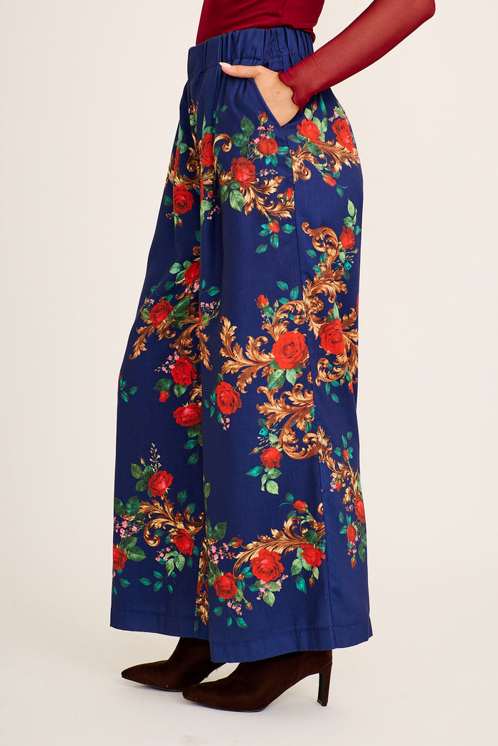 Dame Pant in Navy with Red Floral Linen Blend side