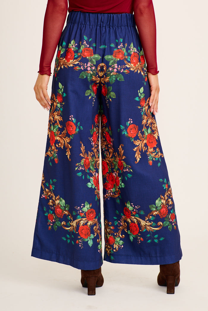 Dame Pant in Navy with Red Floral Linen Blend back