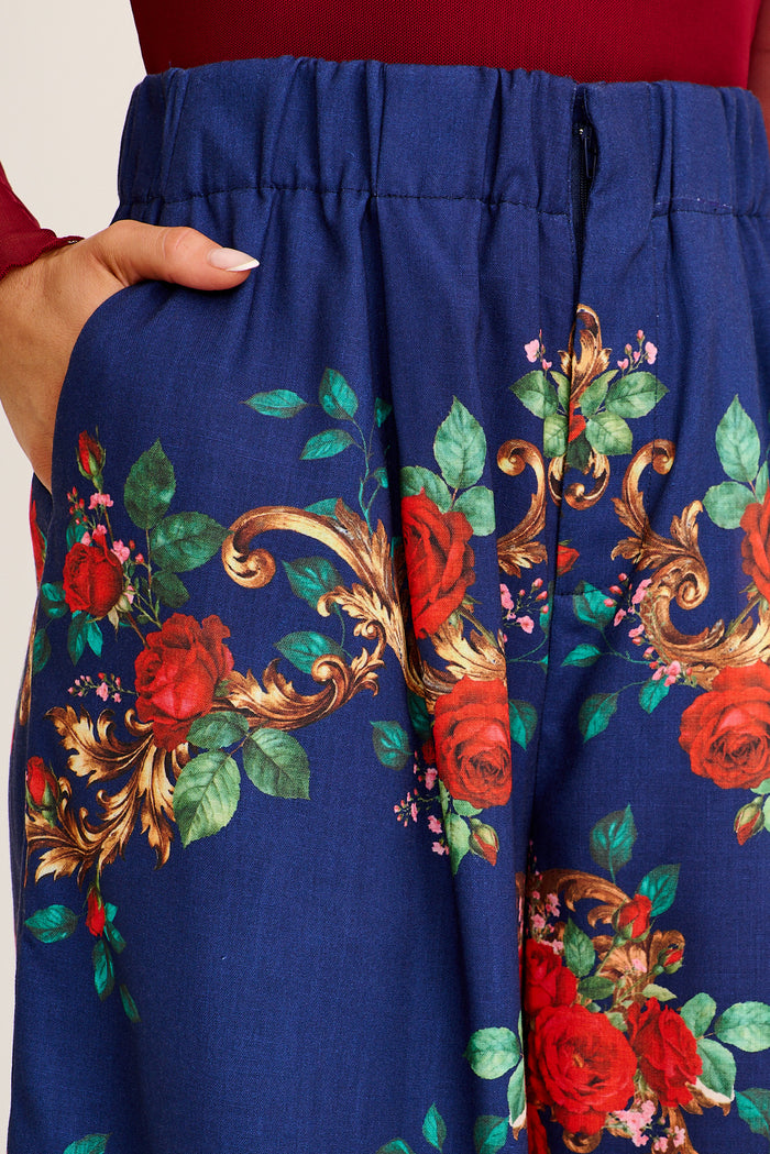 Dame Pant in Navy with Red Floral Linen Blend detail