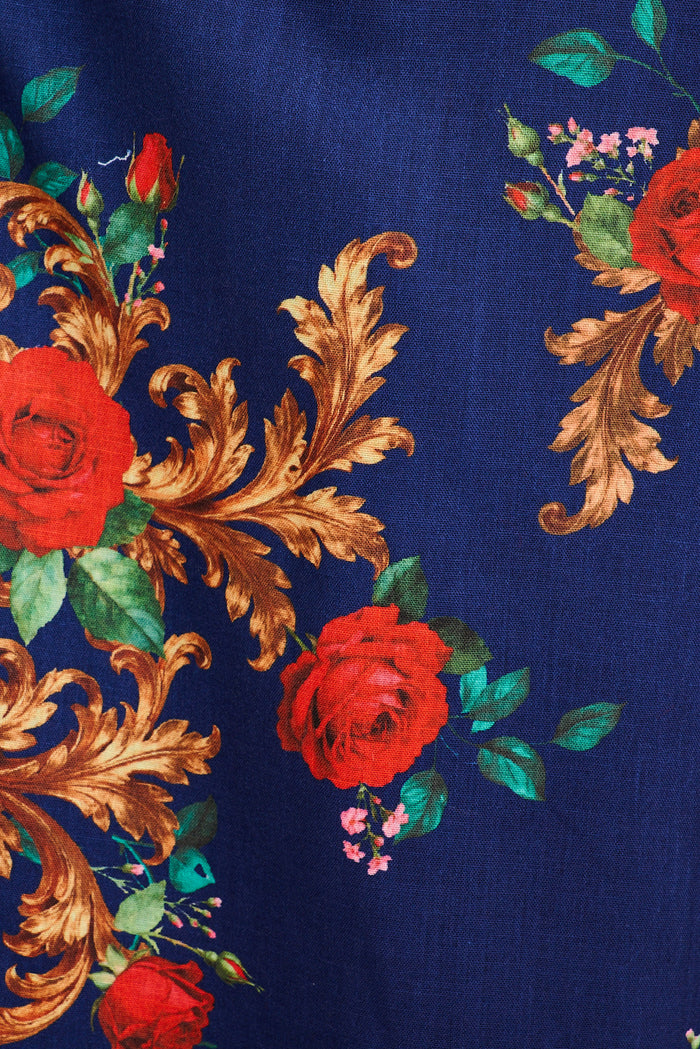 Dame Pant in Navy with Red Floral Linen Blend fabric