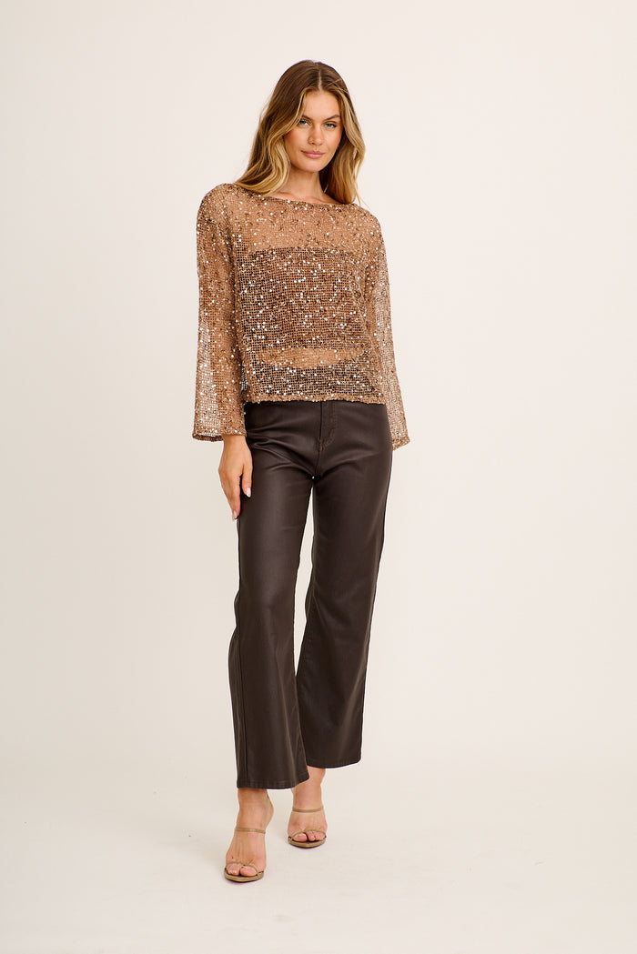 Zing Off Shoulder Top in Chocolate Sequin full length
