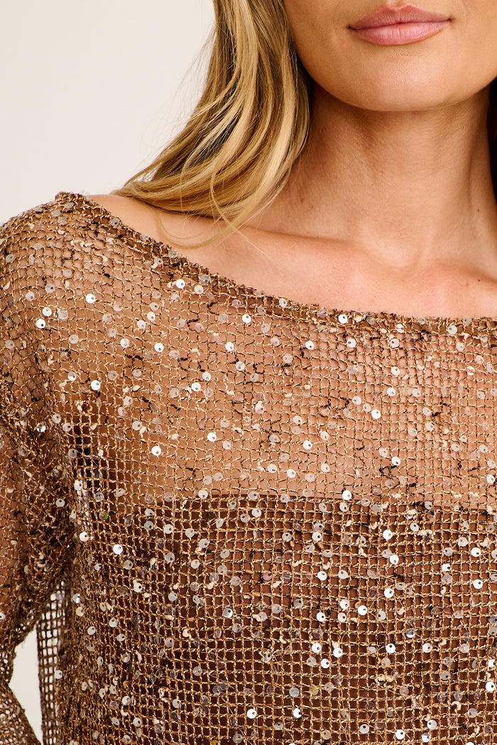 Zing Off Shoulder Top in Chocolate Sequin detail