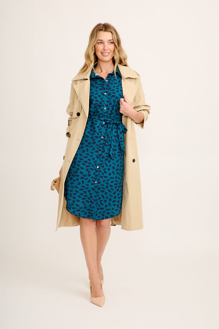 Maddison Shirt Dress In Teal With Navy Leaf