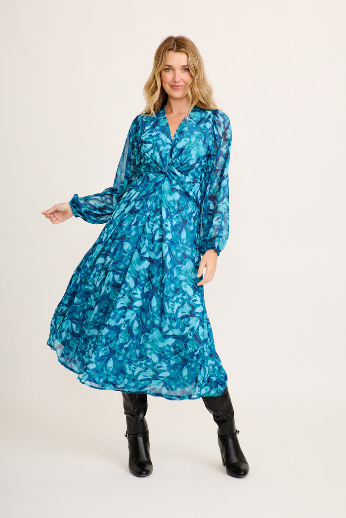 Lily Anne Maxi Dress in Teal Watercolour Chiffon full length